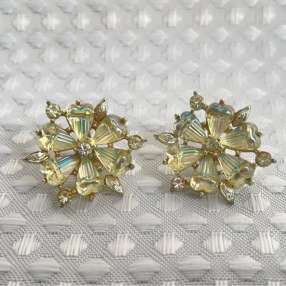 Vtg MCM Signed‎ CORO Starburst Clip-on Earrings Aurora Borealis Floral 1960s